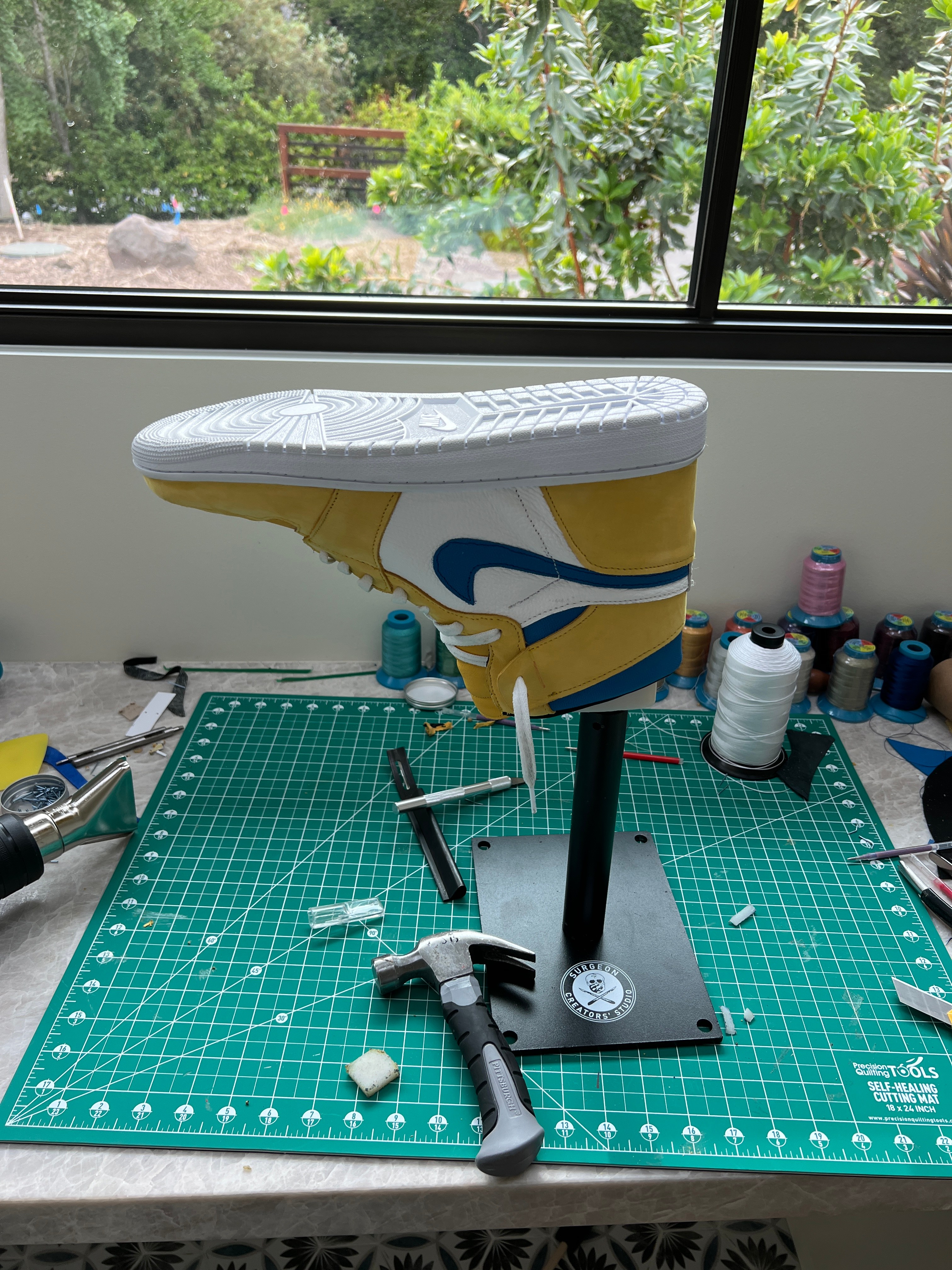 Yellow and Blue Custom Jordan on Shoe Last